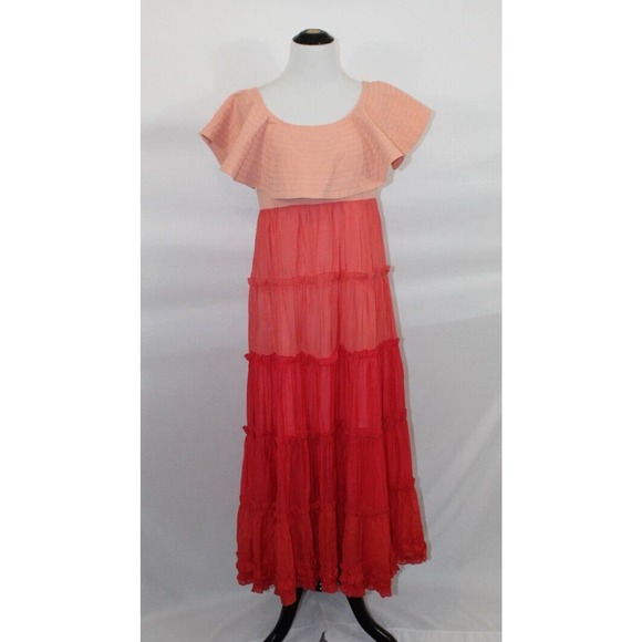BEULAH Sz M Medium Orange Coral Ombre Ruffled Tiered Maxi Dress - Picture 7 of 8